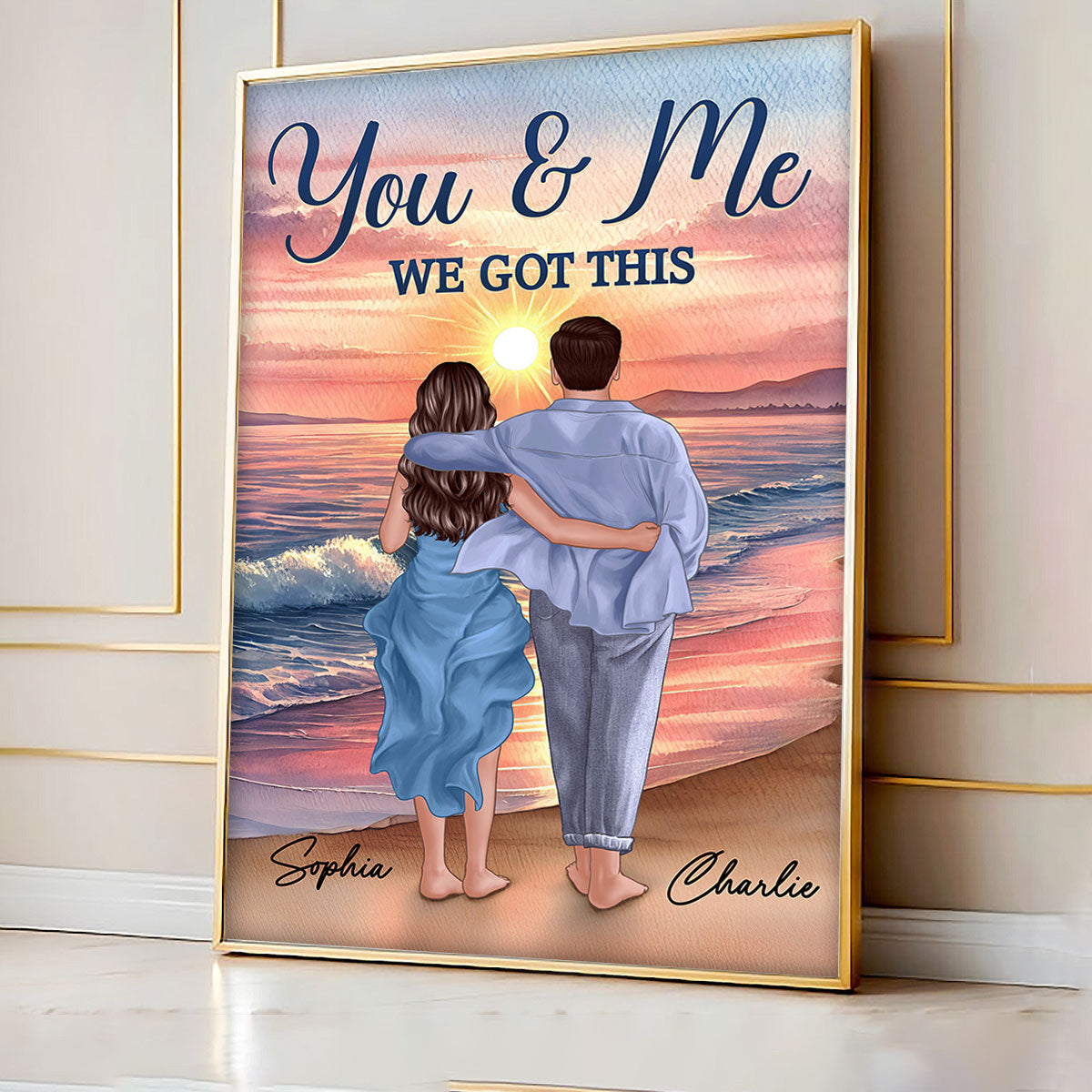 Back View Couple Embracing & Walking On The Beach Personalized Poster, Heartfelt Gift For Couple, For Him, For Her, Boyfriend, Girlfriend, Husband, Wife