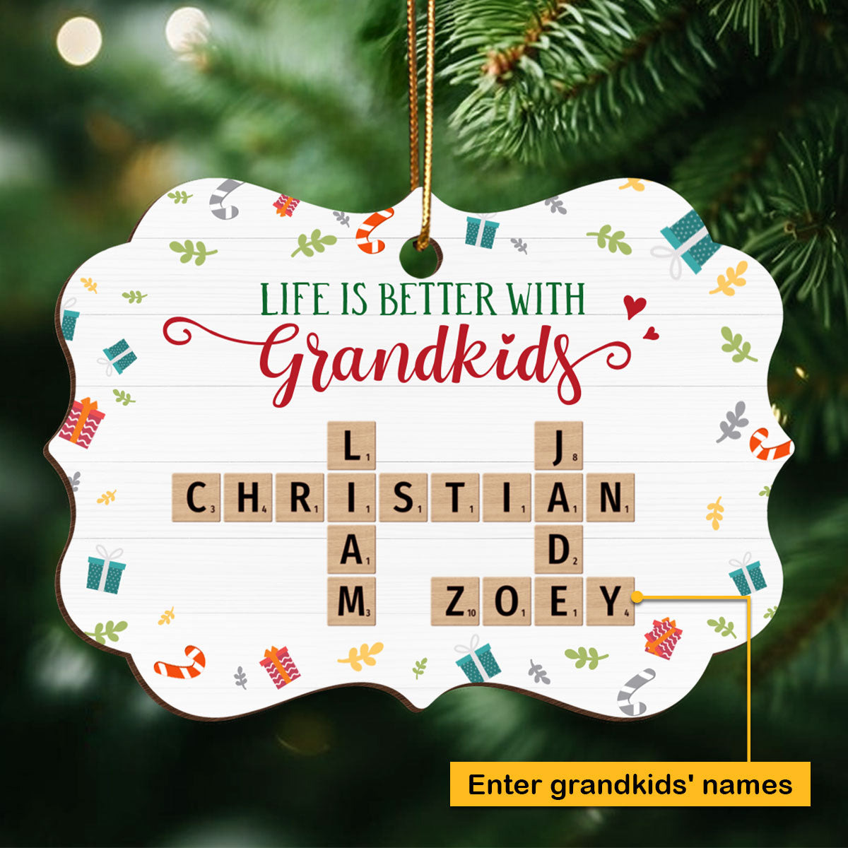 Life Is Better With Grandkids Crossword Puzzle Personalized Wooden Ornament, Christmas Gift for Grandma, Grandkids