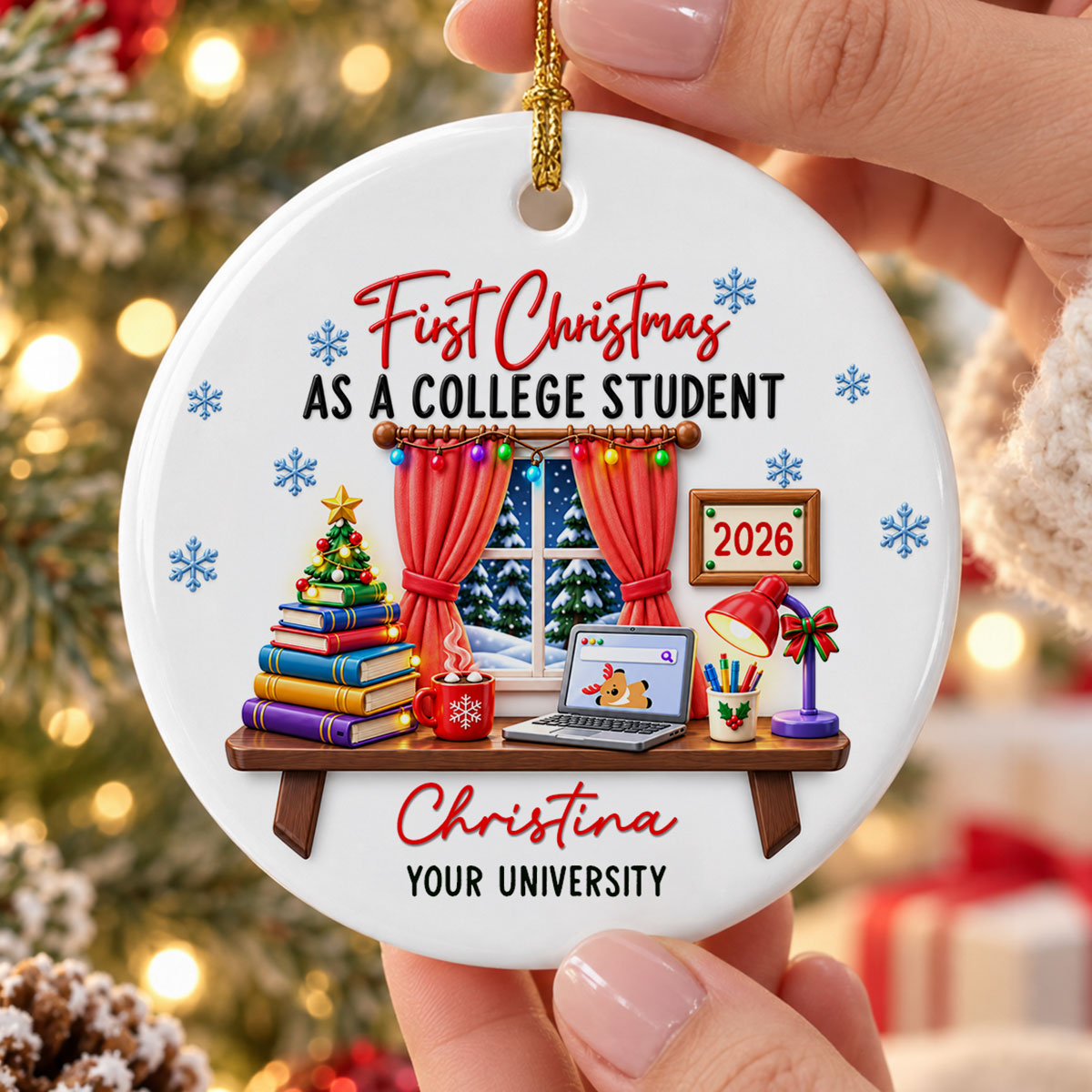 College Student With Desk Design - Personalized Ceramic Ornament - Christmas Gift For New Student, Boy, Girl
