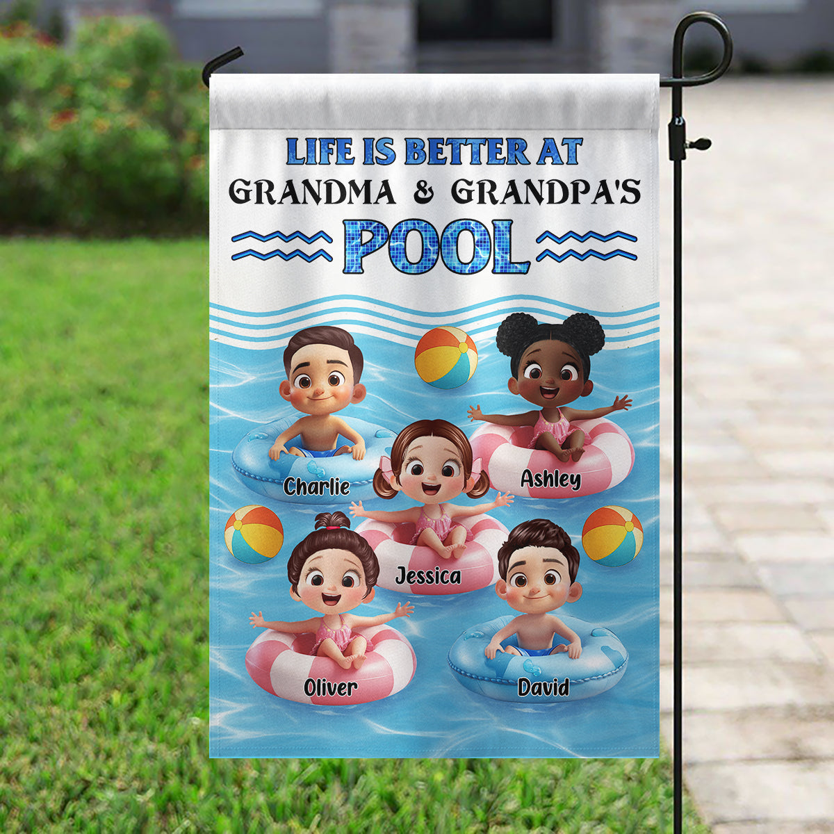 Life is Better at Grandma & Grandpa Pool Personalized Garden Flag, Grandchildren Welcome Flag