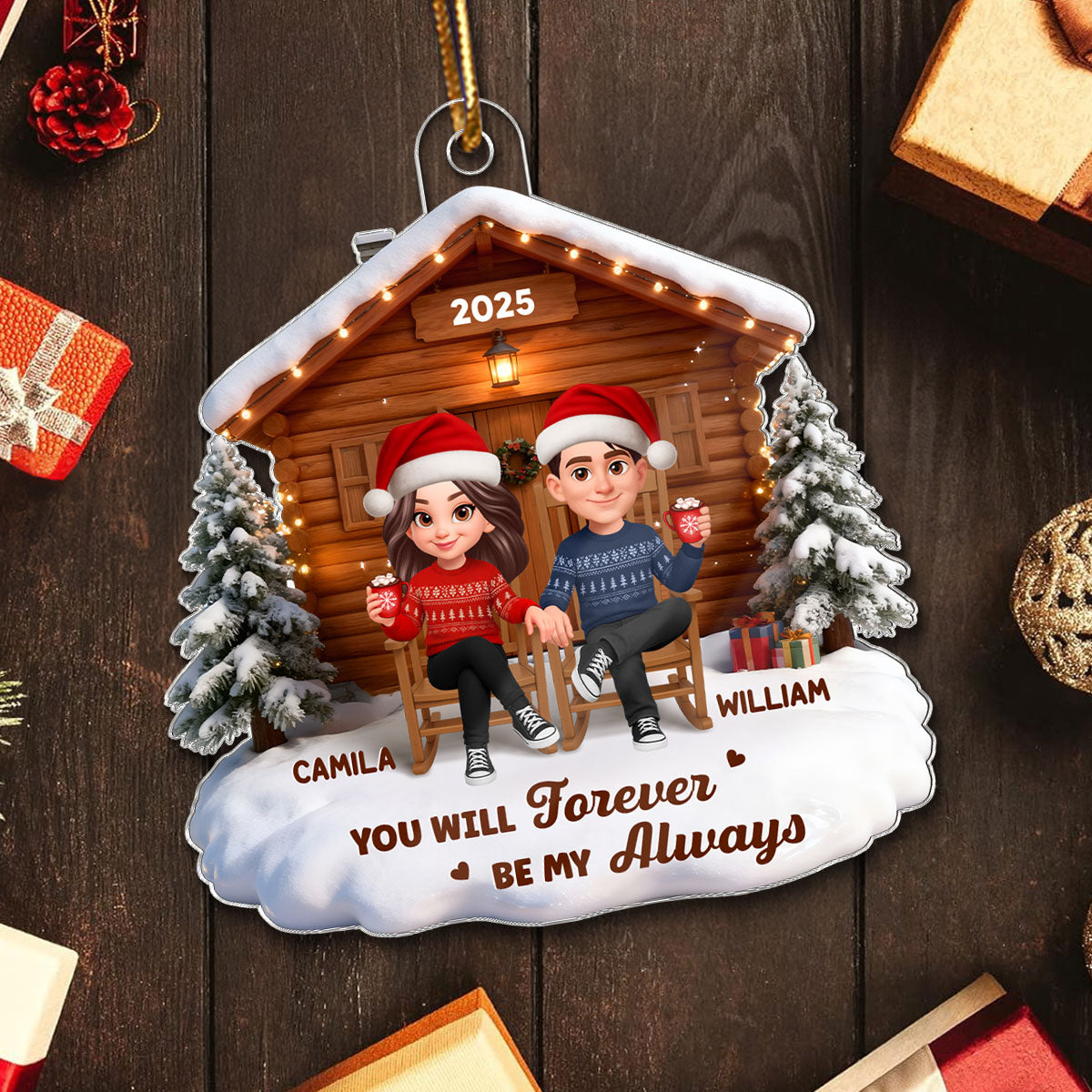 3D Effect Christmas Couple Cabin - Personalized Acrylic Ornament - Heartfelt Gift For Couple