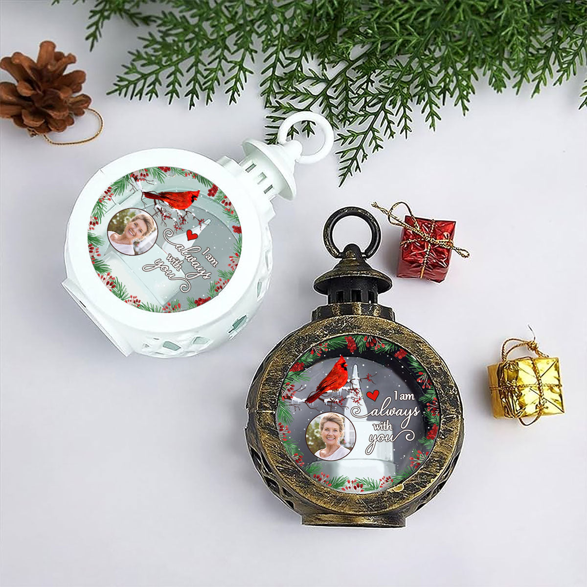 Always With You Holly Branch Cardinal Memorial Photo Upload Personalized Lantern Ornament, Remembrance Gift