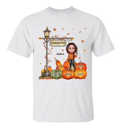 Grandma Mom Sitting On Pumpkin Under Lamp Post Fall Season Personalized Shirt