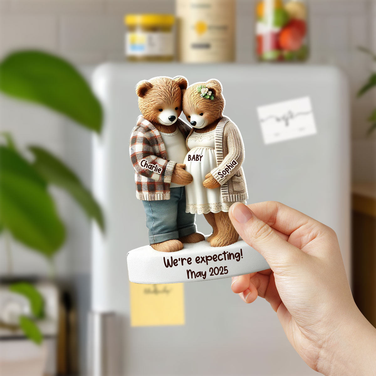 3D Effect Bear Couple Expecting New Baby Pregnancy Announcement Keepsake Personalized Acrylic Fridge Magnet