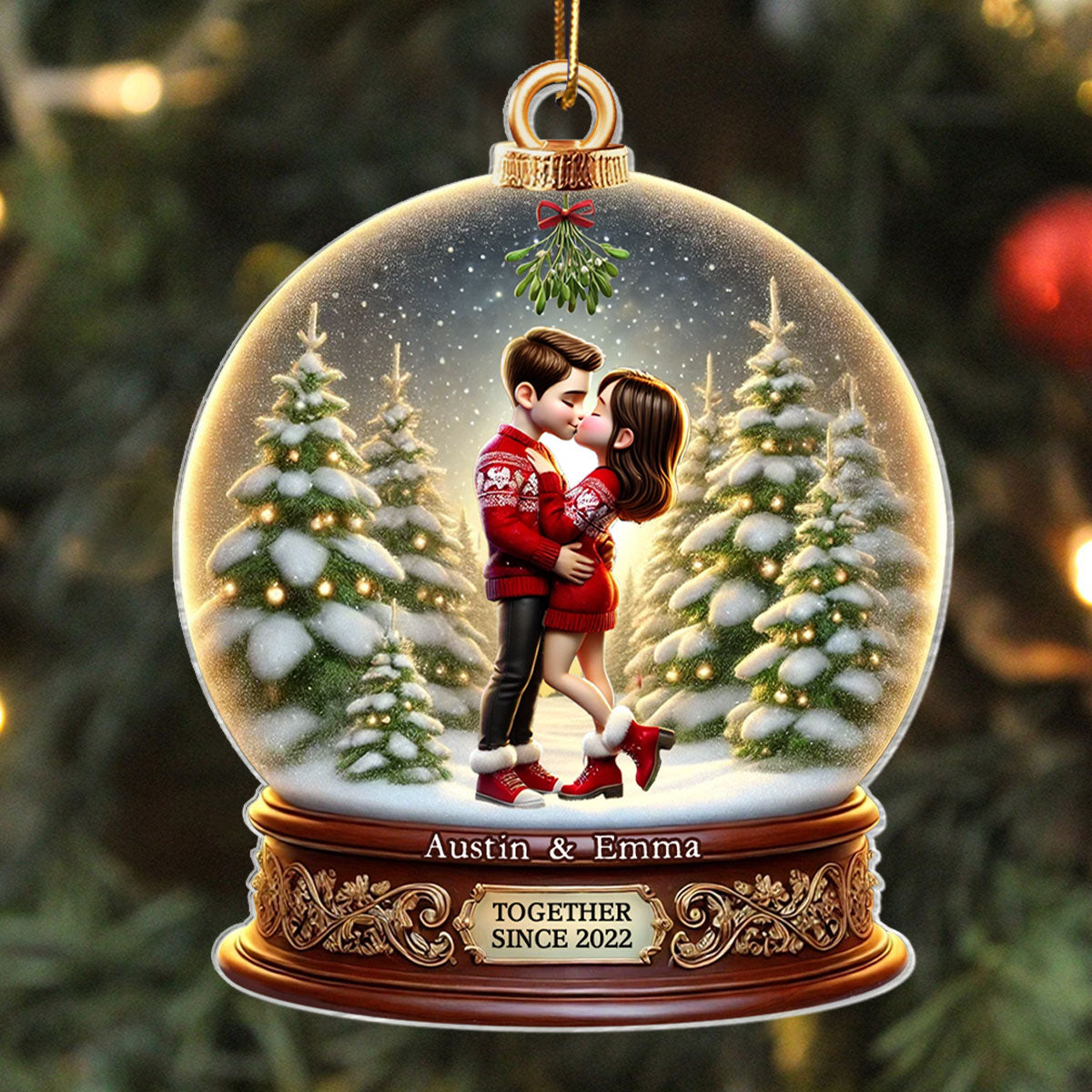 Pretty Couple Kissing Under Mistletoe 3D Realistic Snow Globe Personalized Acrylic Ornament, Unique Christmas Gift For Him, For Her, For The Couple, Anniversary Gift