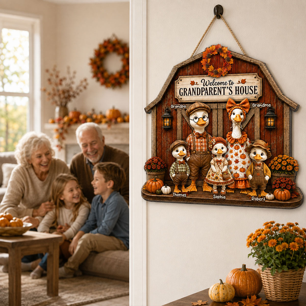 Grandma & Grandpa's Fall Goose Family - Personalized Wood Sign - Fall Season Decoration