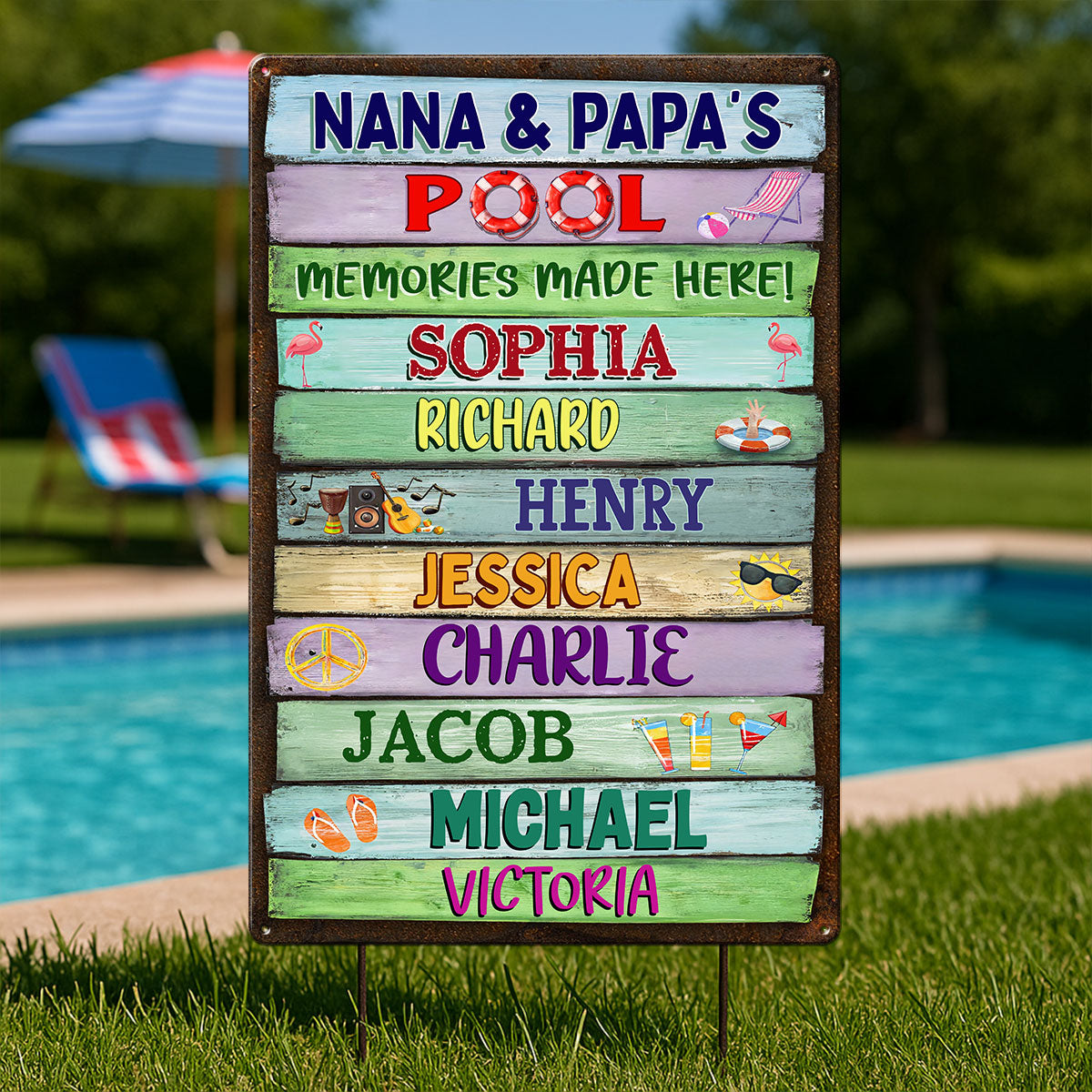 Grandma Grandpa Pool Colorful Wood Palletes Personalized Metal Sign