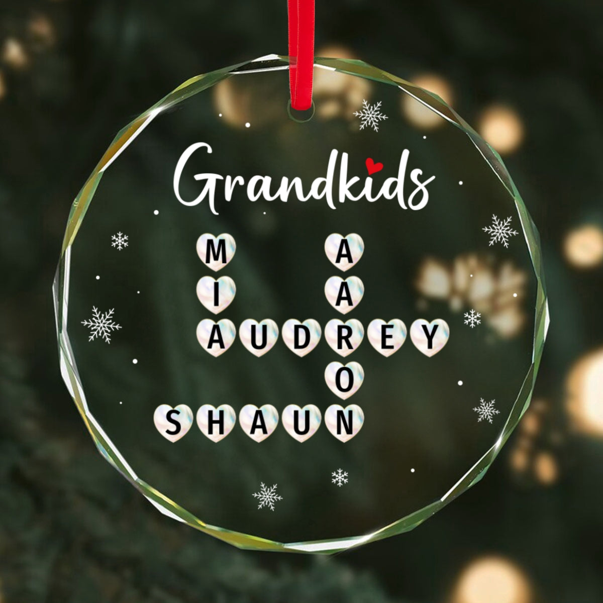 Grandkids Heart Crossword Art Puzzle Personalized Glass Ornament, Gift For Grandma Grandparents