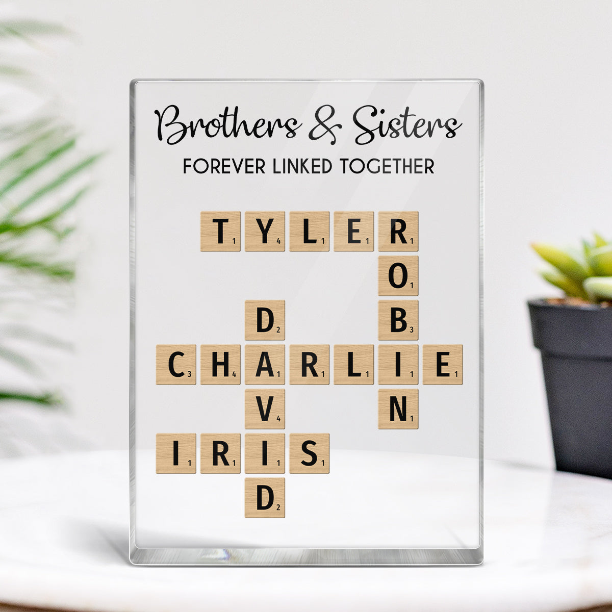 Brothers & Sisters Forever Linked Together Crossword Puzzle Art Personalized Rectangle Acrylic Block Plaque, Gift For Brothers, Sisters, Siblings, Family
