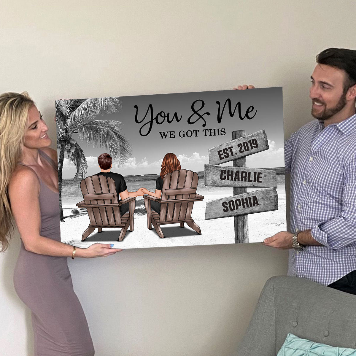 Ocean Breeze Couple Sitting Direction Sign Personalized Poster, Anniversary Gift for Him for Her