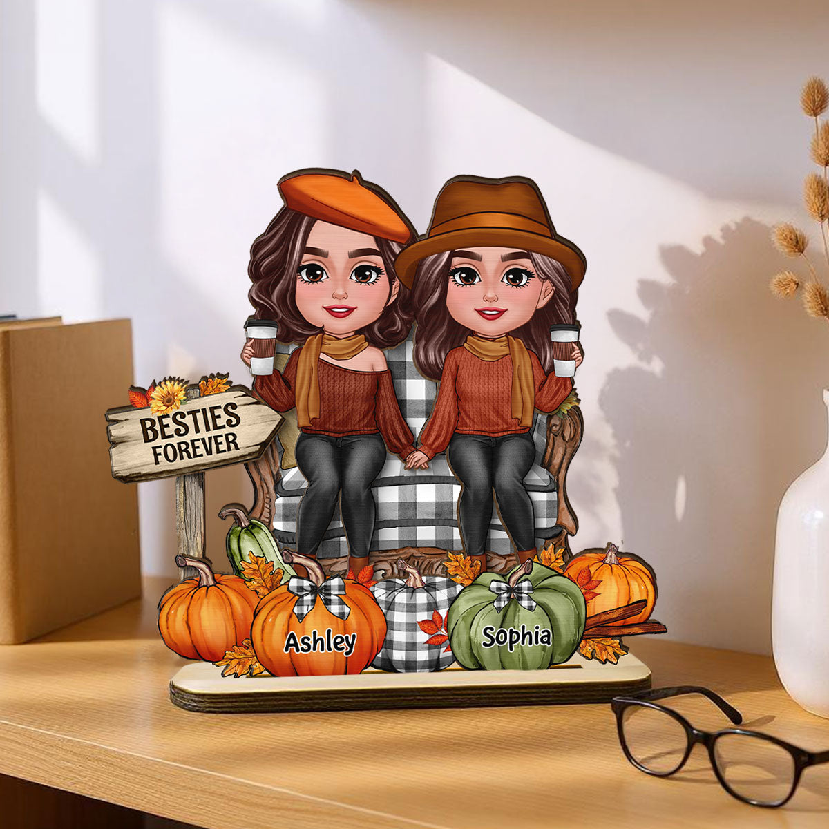 Fall Season Besties Sitting Pumpkins Personalized 2-Layer Standing Wooden Plaque| Fall Season Gift For Best Friends