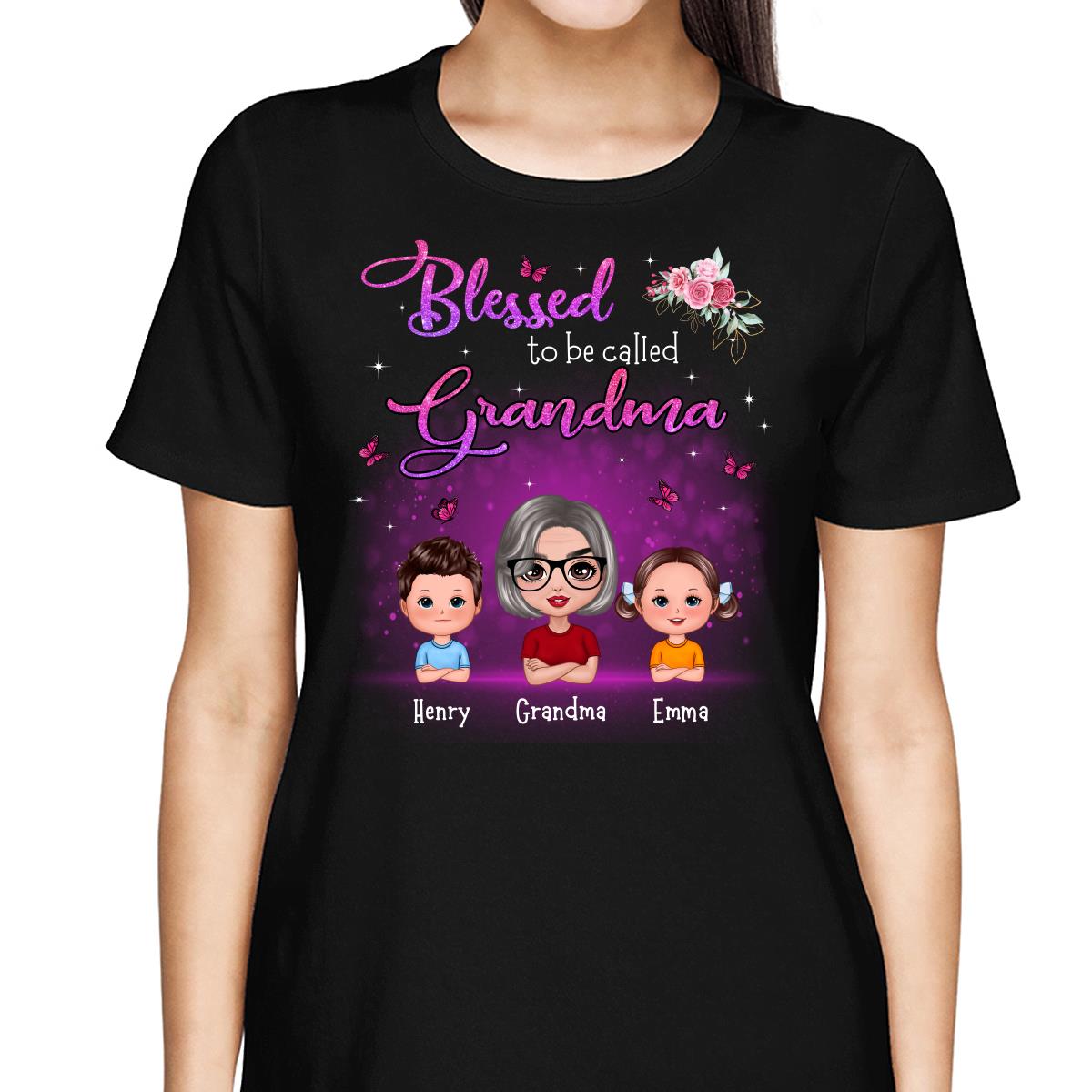 Blessed To Be Called Grandma Mom Flower Butterfly Doll Woman With Kid Personalized Shirt