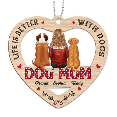 Dog Mom Sitting Polka Dogs Personalized Christmas Wooden Ornament