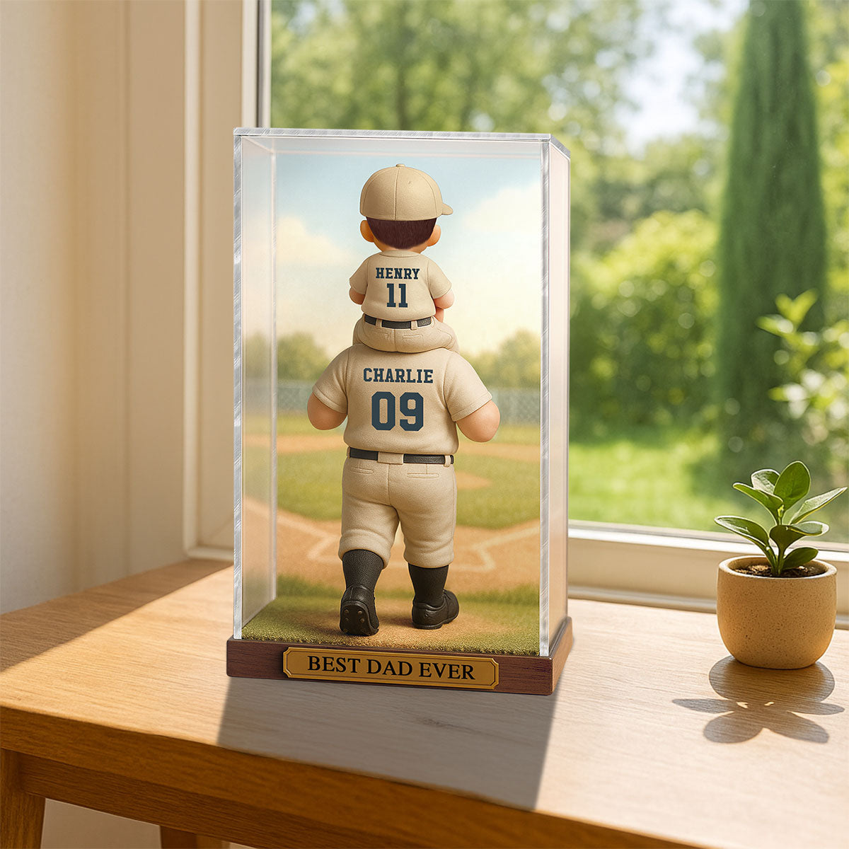 Baseball Dad & Kid In Display 3D Effect Personalized Acrylic Flat Block Plaque