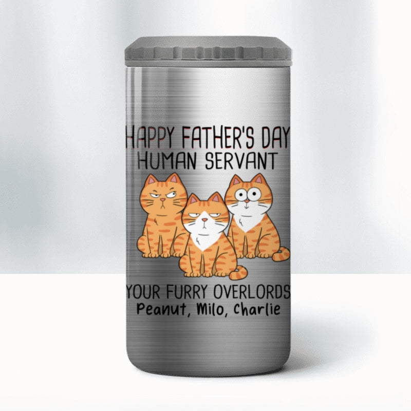 Happy Father‘s Day Human Servant Funny Cute Cats Personalized Can Cooler, Gift For Cat Dad