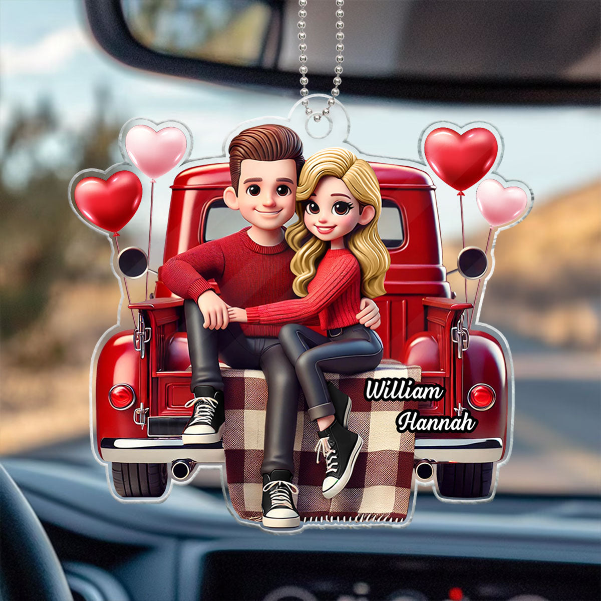 3D Effect Couple Sitting On Red Truck Personalized Acrylic Car Hanger,  Gift, Anniversary Gift For Couples