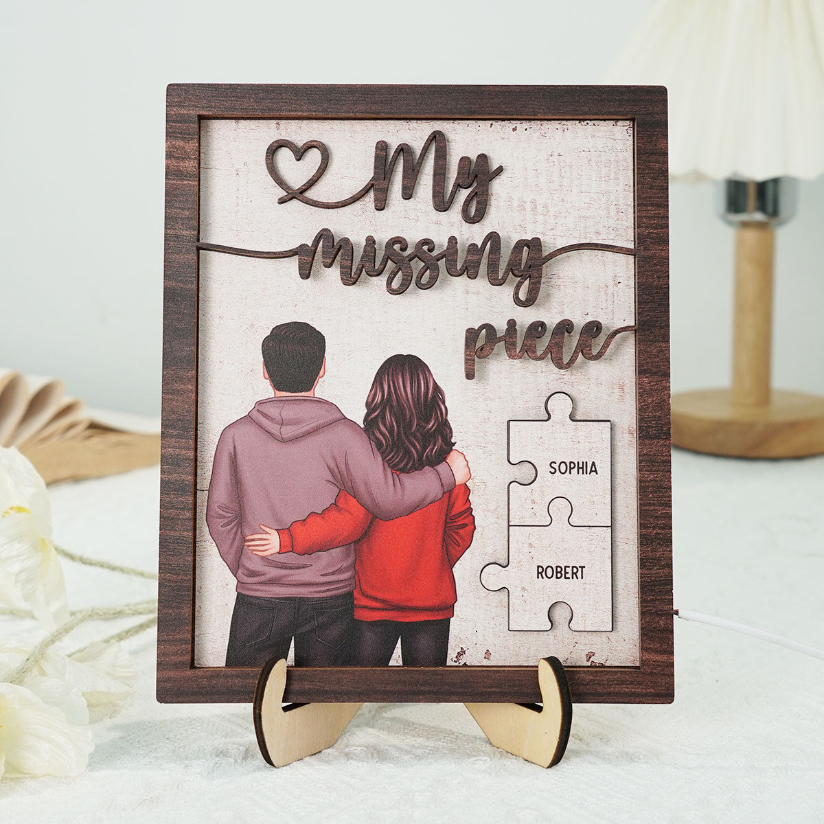My Missing Piece Back View Couple Personalized 2-Layered Wooden Plaque with LED, Heartfelt Birthday, Anniversary Gift for him, for her