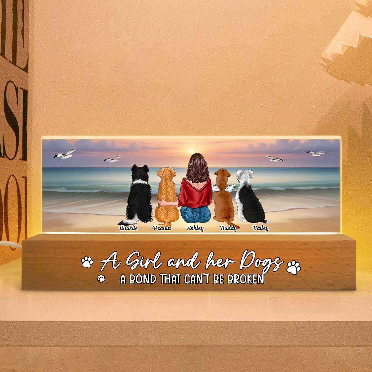 Realistic Beach Landscape A Girl And Her Dog Bond Can't Be Broken Personalized Acrylic Block LED Night Light