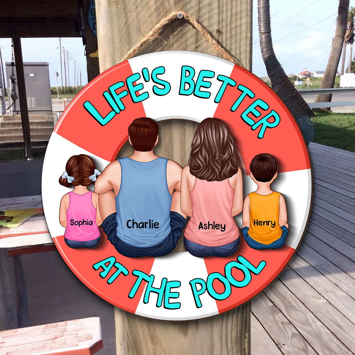 Family Sitting Back View Poolside Swimming Float Personalized 2-Layer Wood Sign
