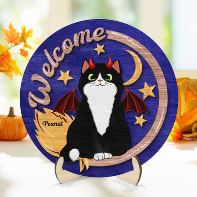 Welcome Halloween Cat Personalized 2-Layer Wooden Plaque, Gift For Cat Lovers