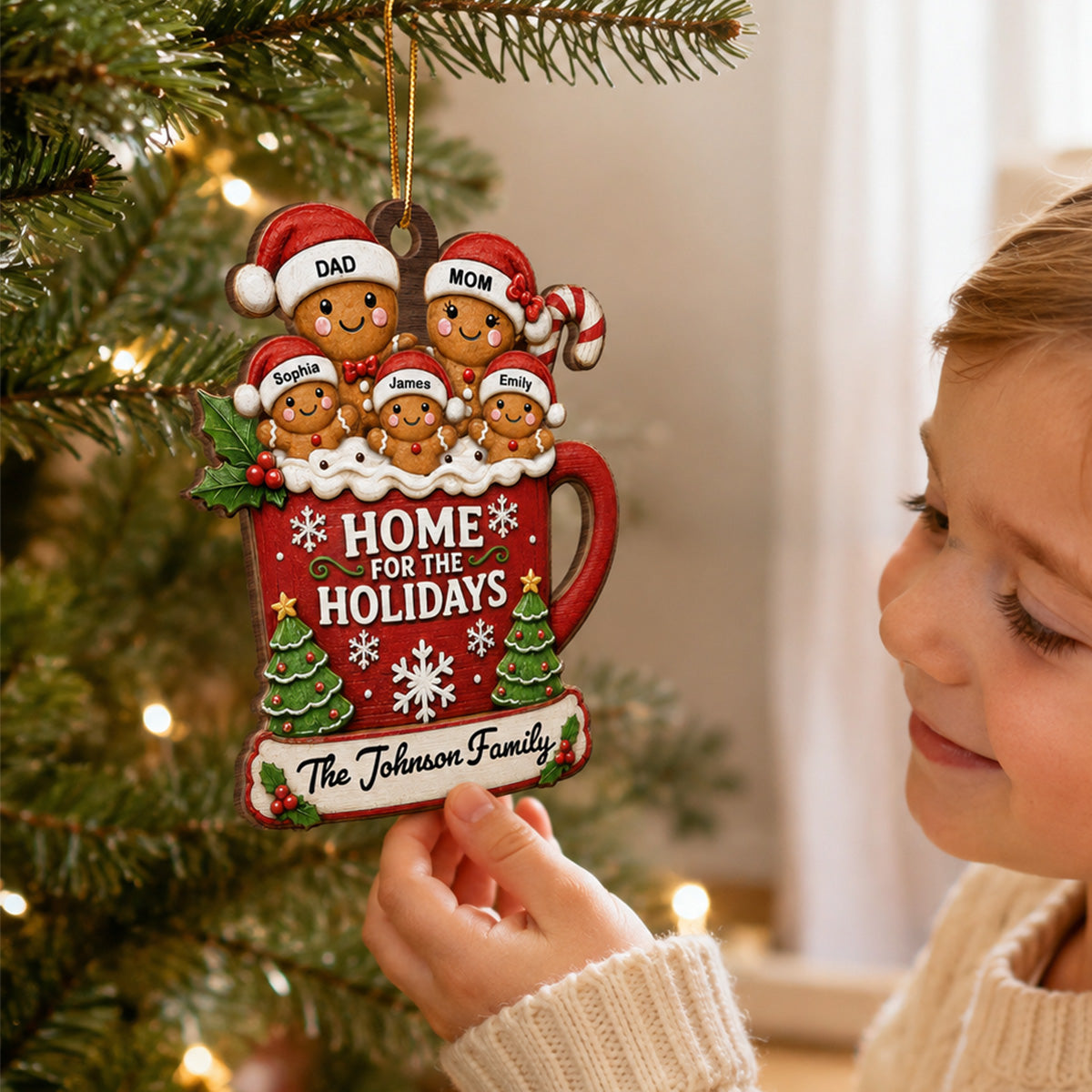 Gingerbread Family In Hot Cocoa 2D Flat - Personalized Wooden Ornament - Christmas Tree Decor For Family