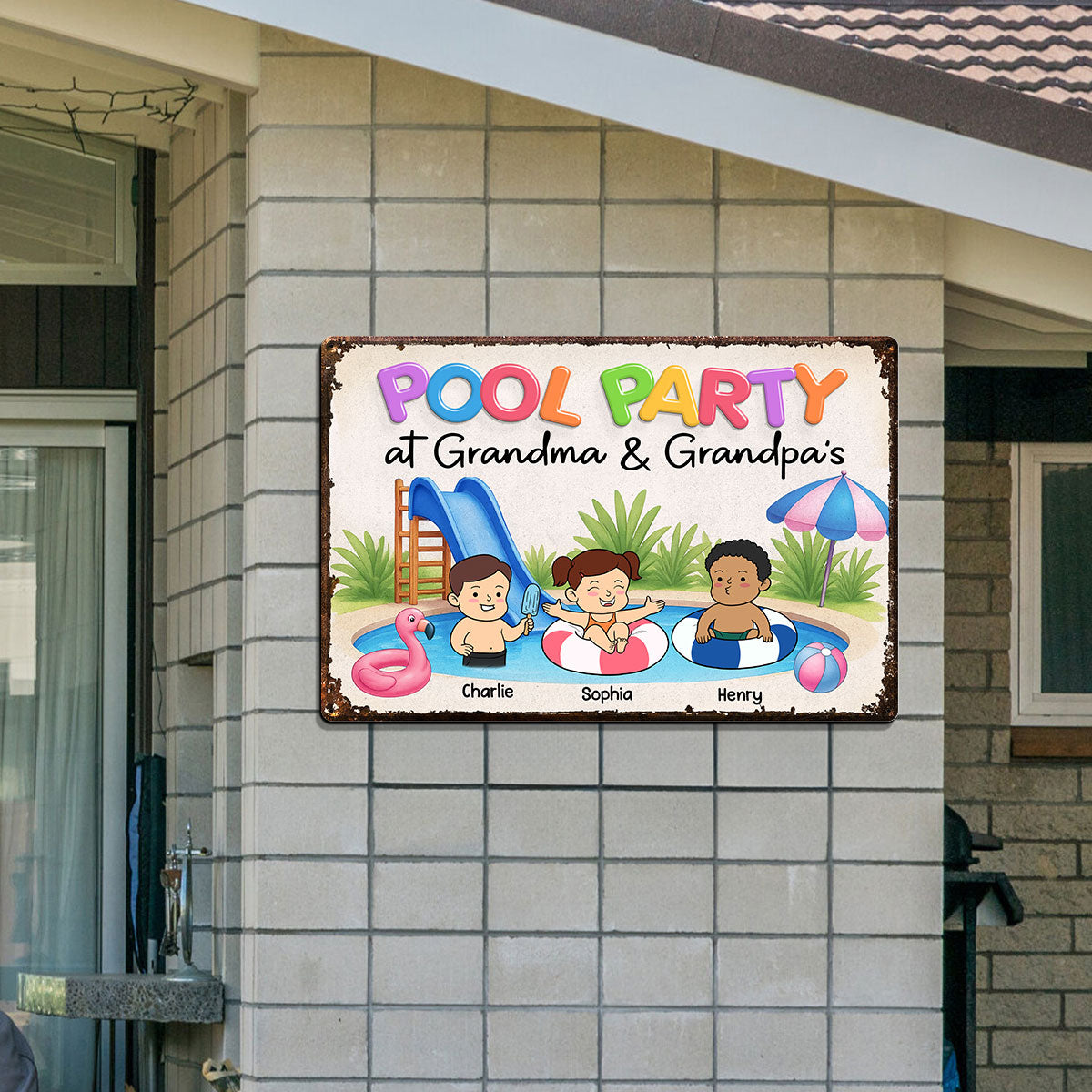 Funny Cartoon Kids Pool Party At Grandma Grandpa Personalized Metal Sign