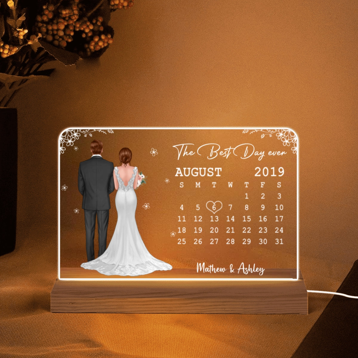 Back View Couple Wedding Anniversary Date Calendar Bride & Groom Rectangle Personalized Custom Shape Acrylic Plaque With LED Night Light - Anniversary Gift For Couple - Gift For Him - Gift For Her