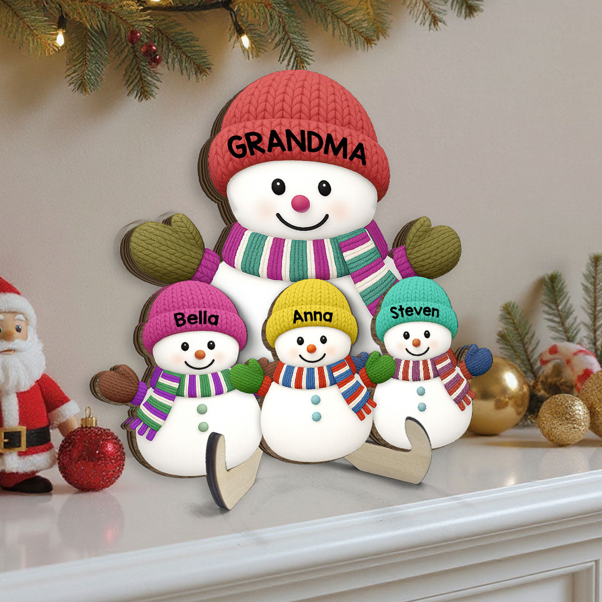 Christmas Grandma Grandkids Snowman Together - Personalized 2-Layered Wooden Plaque - Gift For Grandmas