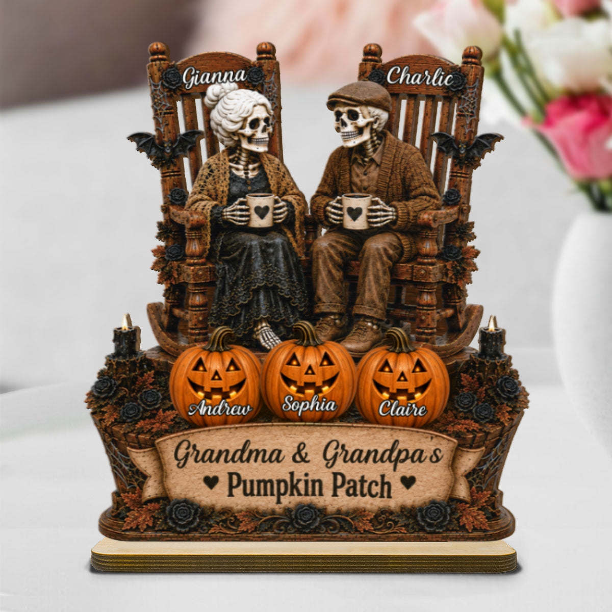 Grandma Grandpa Skeleton Pumpkin Patch 2D Flat - Personalized Wooden Plaque - Halloween Gift