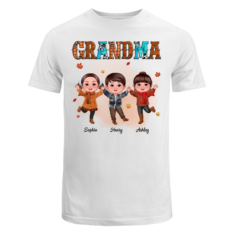 Grandma Teal And Leopard Fall Season Happy Doll Grandkids Personalized Shirt