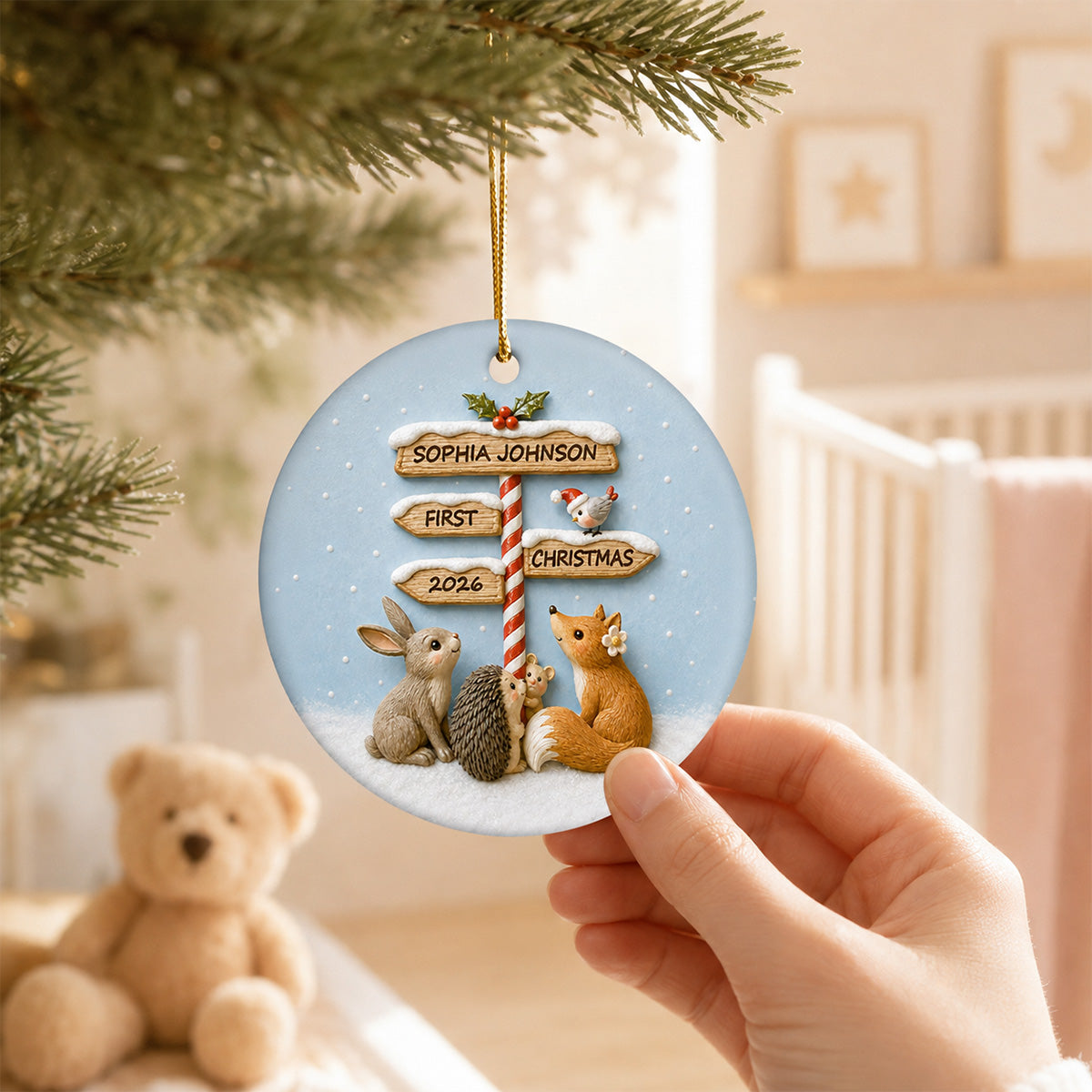 Baby's First Christmas North Pole Sign 2D Flat Printed - Personalized Ceramic Ornament - Baby's 1st Christmas Keepsake