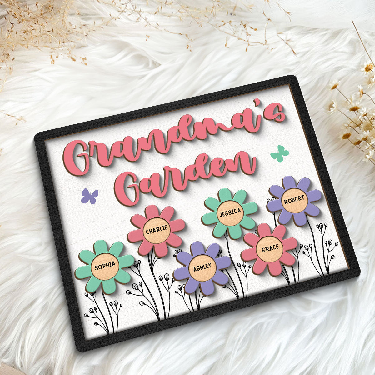 Grandma Mom Garden Colorful Flowers Personalized 2-layer Wooden Plaque