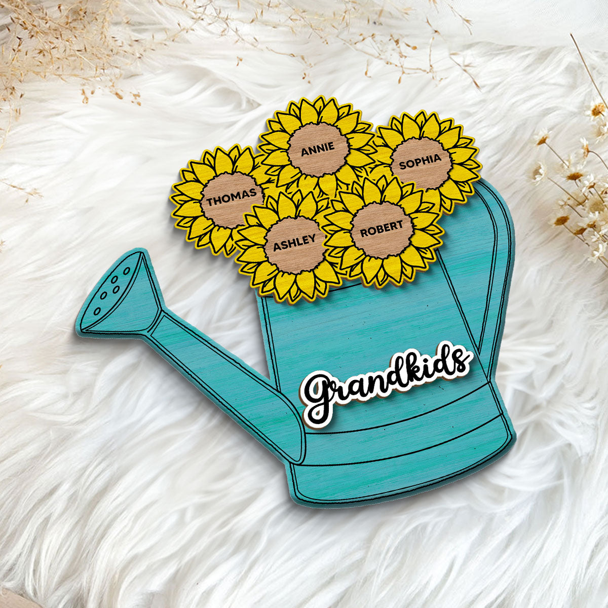 Grandkids Flowers Watering Can Personalized 2-layer Wooden Plaque