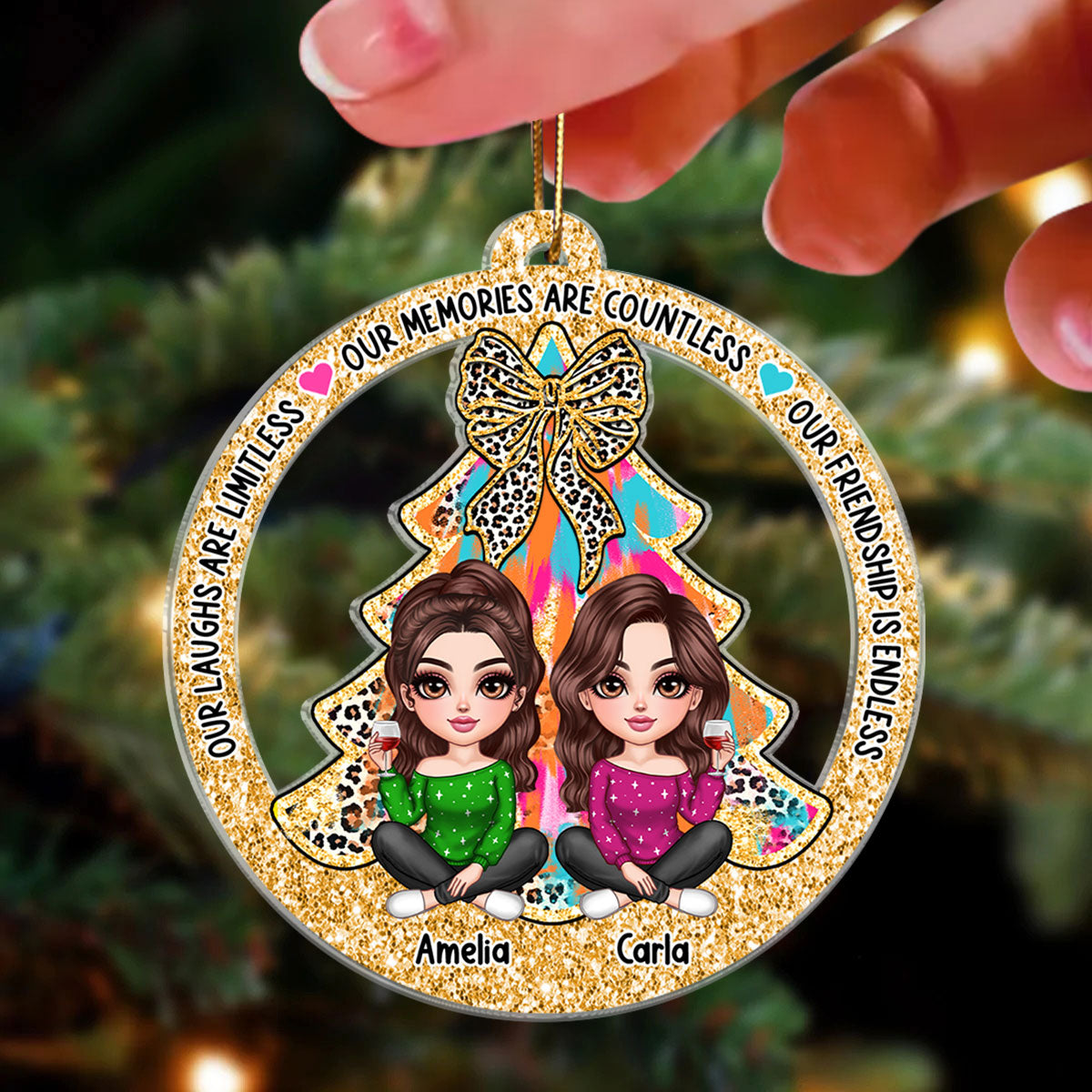 Colorful Christmas Tree Lovely Besties Personalized Acrylic Ornament, Christmas Gift For Best Friends