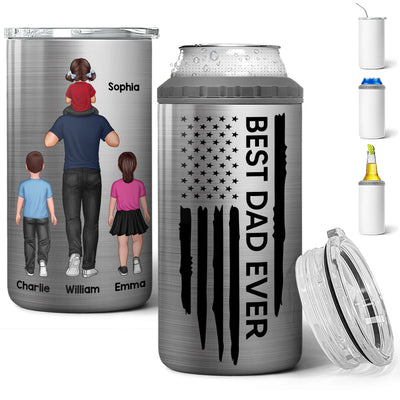 Best Dad Ever Piggy Back Man & Kids Nation Flag Father‘s Day Gift For Husband Father Figures Personalized 4 In 1 Can Cooler