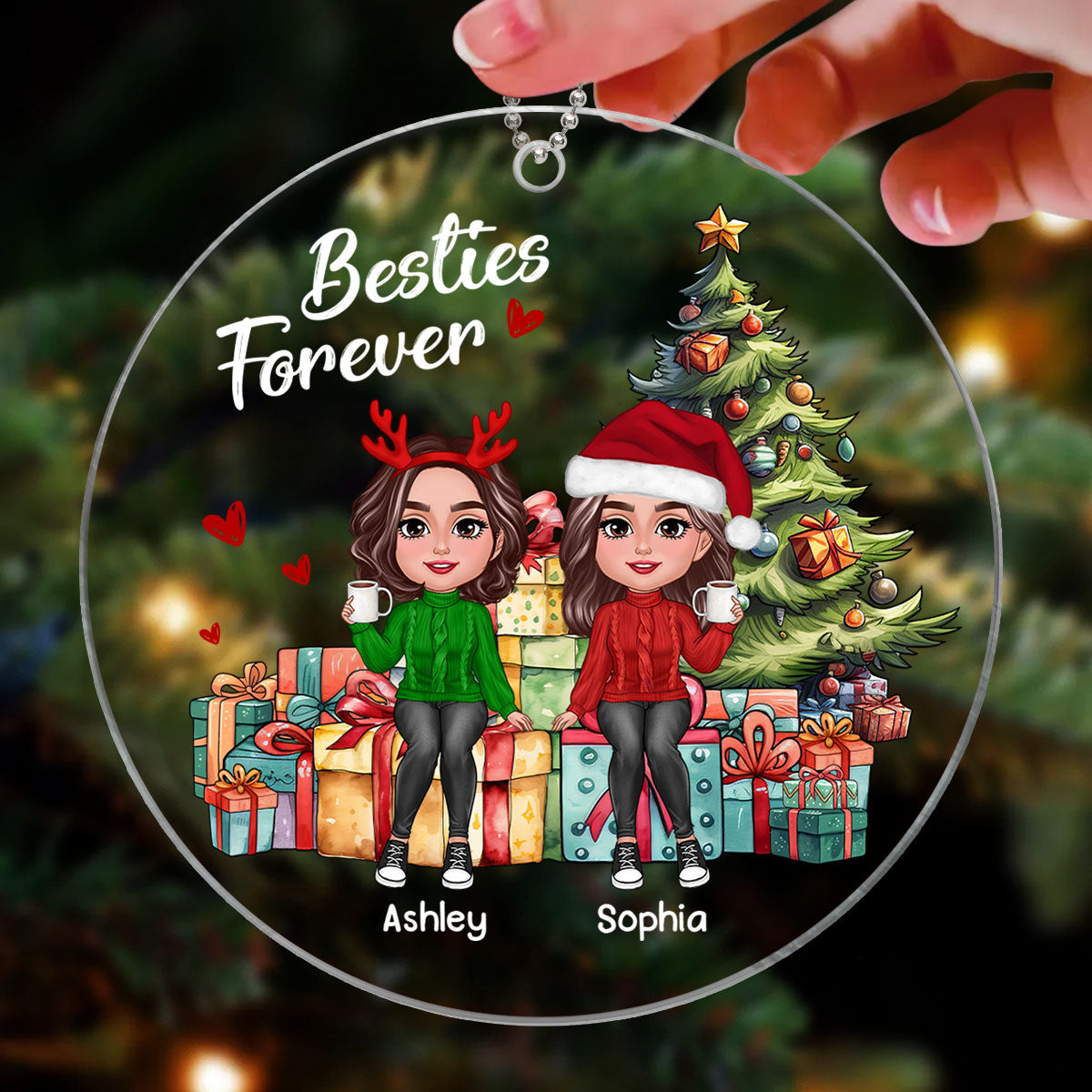 Besties Sisters Friends Sitting On Christmas Gifts Personalized Acrylic Ornament