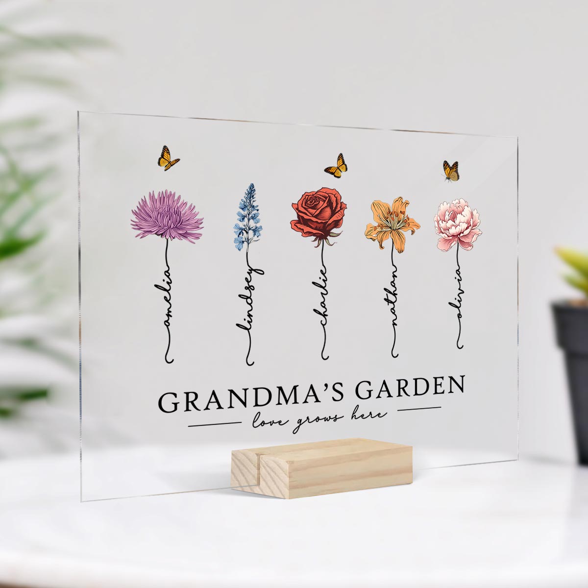Grandma‘s Garden Love Grows Here Beautiful Birth Month Flower Gift For Grandma Mom Personalized Horizontal Rectangle Acrylic Plaque