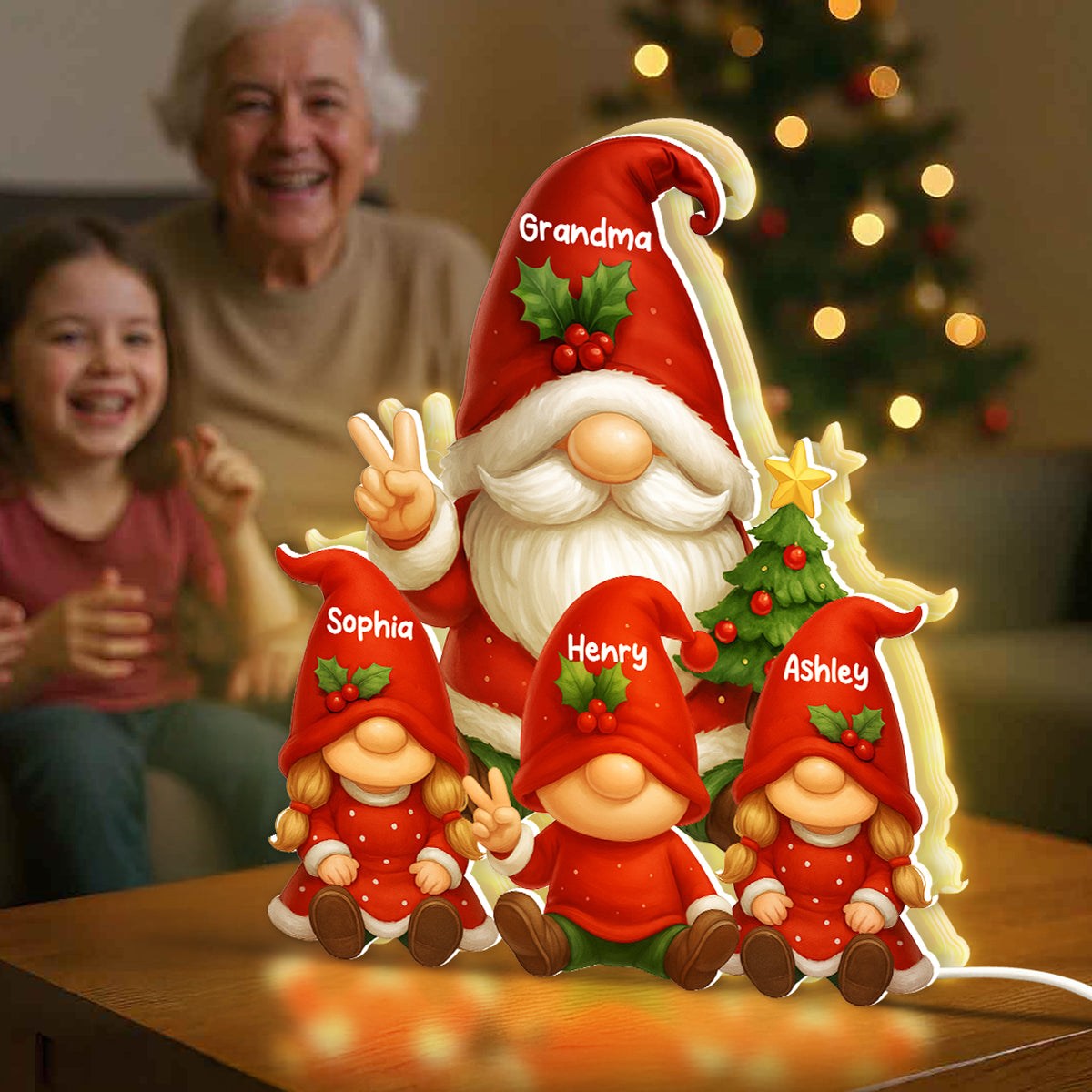 Gnome Grandma & Grandkids Festive Holiday - Personalized Light Box - Christmas Decor, Christmas Gift for Grandma