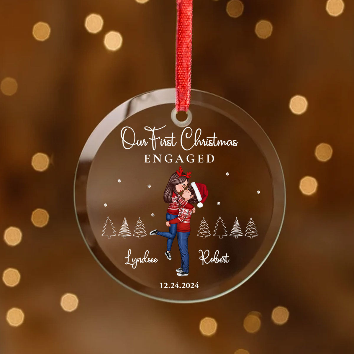 Our First Christmas Engaged Married, Newly Engaged Married Couple Personalized Glass Ornament