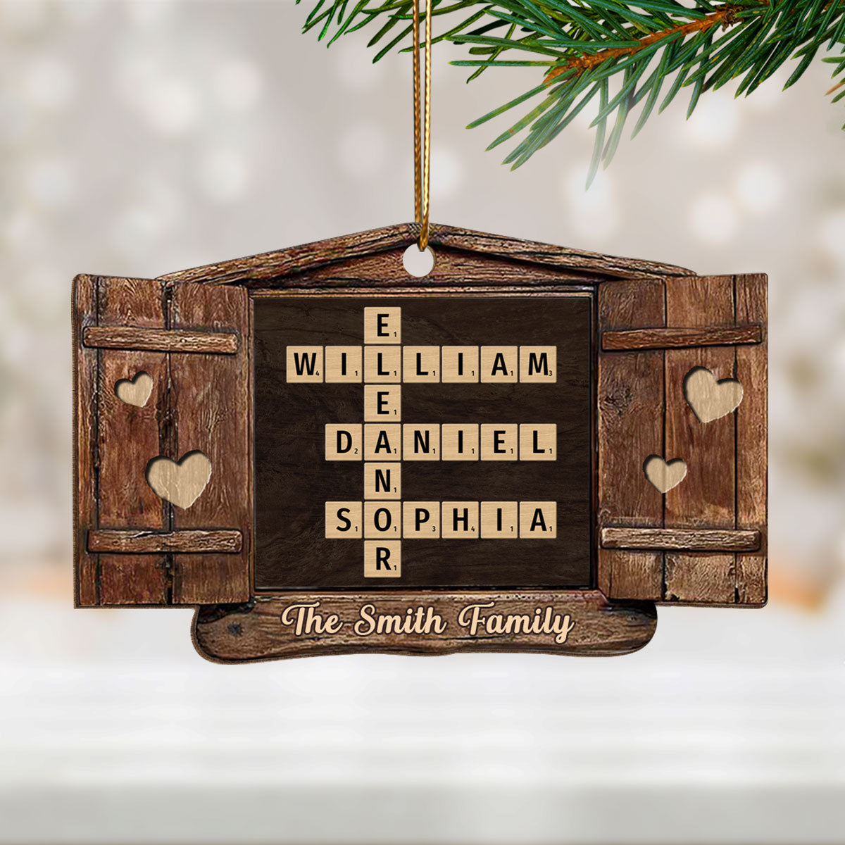Family Names Window Crossword Puzzle Personnalized Wooden Ornament, Christmas Decoration