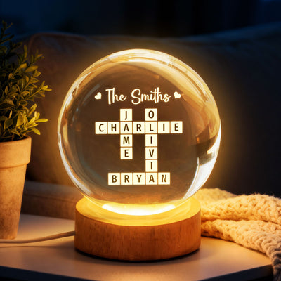 Family Crossword Puzzle Art - Personalized Crystal Ball LED Night Light - Heartfelt Gift For Grandma, Gift For Mom