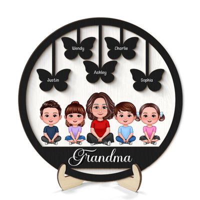Grandma Grandkids Crossed Legs Butterflies Personalized 2-layer Wooden Plaque