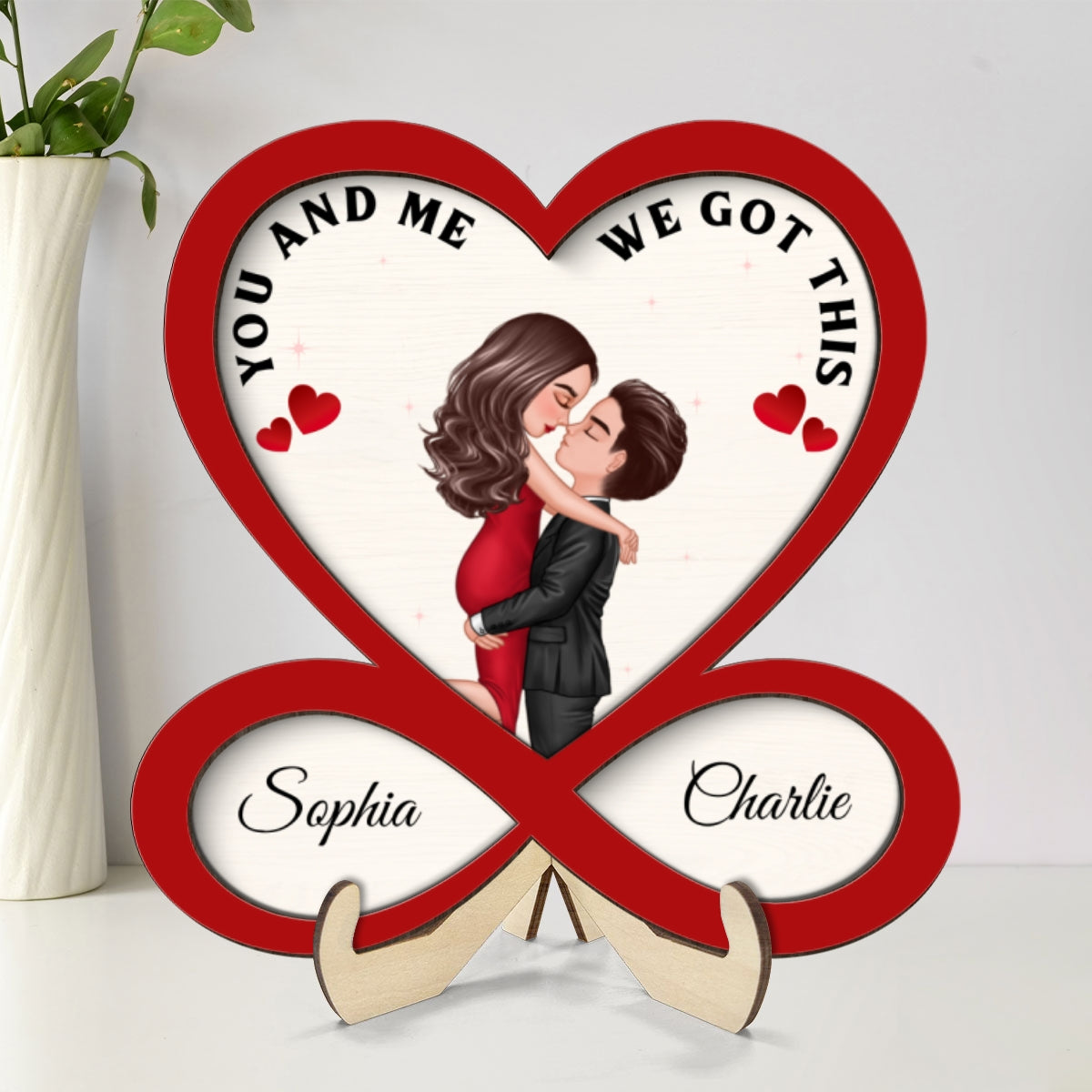 Couple Hugging Kissing Heart Infinity Red Theme Personalized 2-layer Wooden Plaque