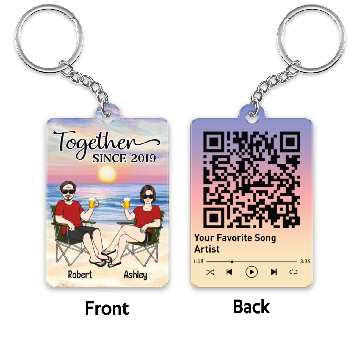 Couple Front View On Chair Sitting At Beach Favorite Song Scannable QR Code Personalized Acrylic Keychain