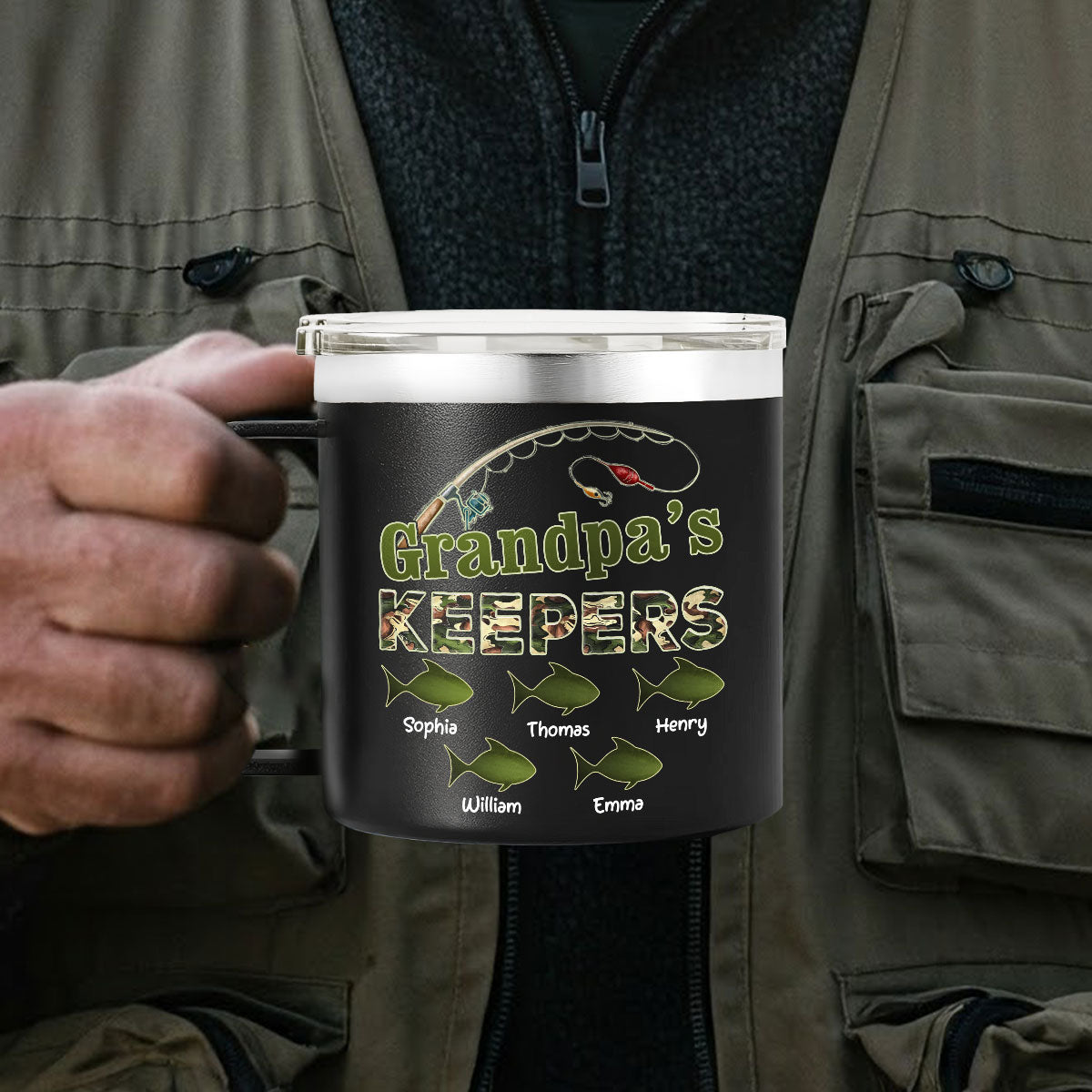 Grandpa's Keepers Fishing Camouflage Personalized Stainless Steel Tumbler With Handle