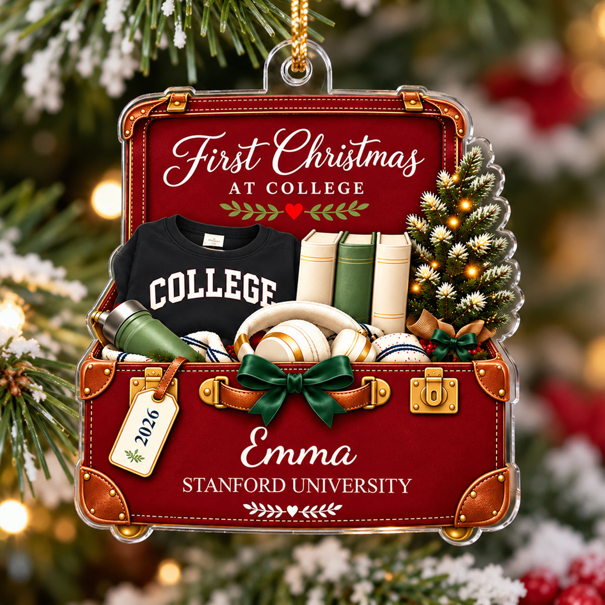 First Christmas at College Suitcase 2D Flat - Personalized Acrylic Ornament – Custom Name & School Christmas Gift for College Freshman