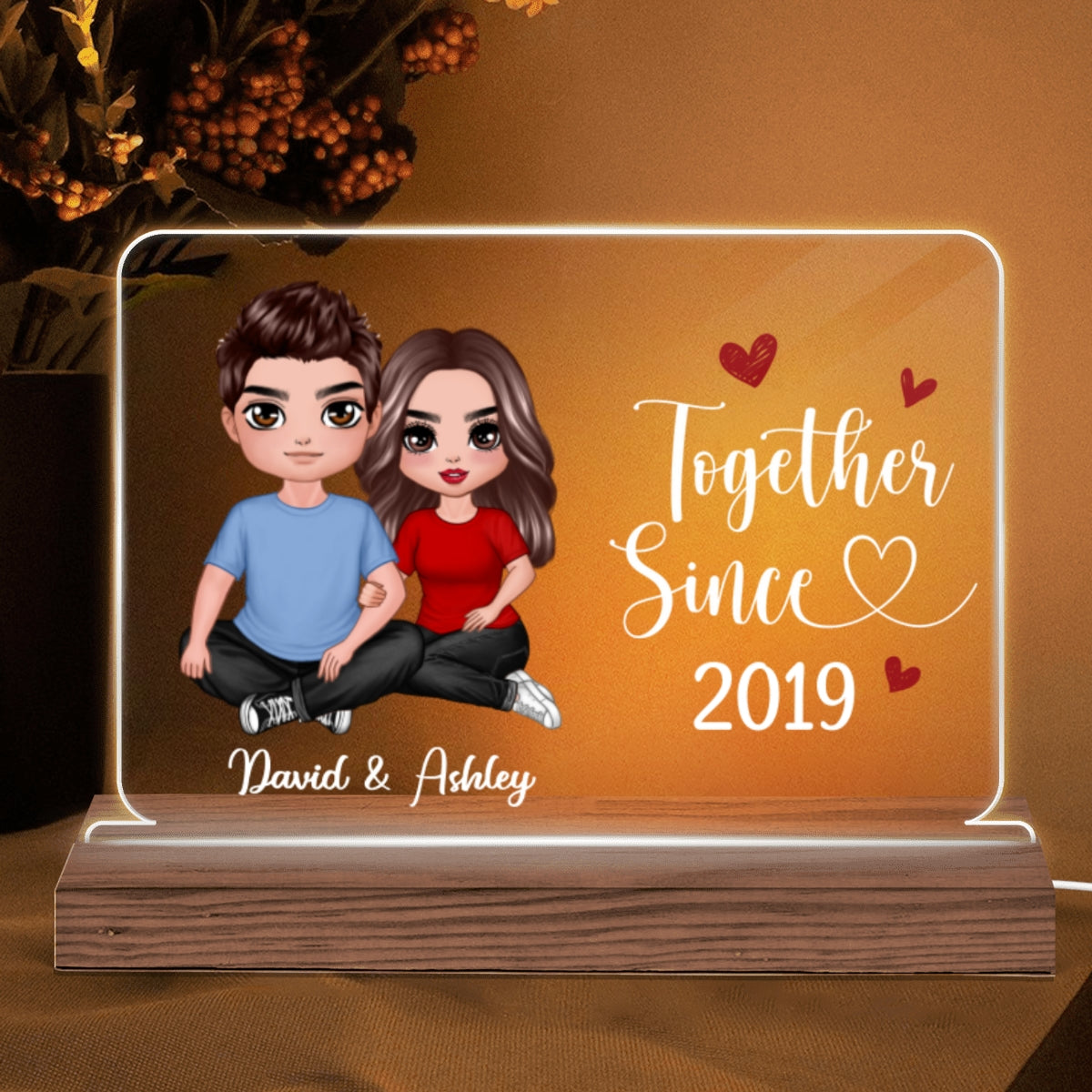 Embracing Doll Couple Sitting Gift For Him Gift For Her Personalized Custom Shape Horizontal Rectangle Acrylic Plaque LED Night Light