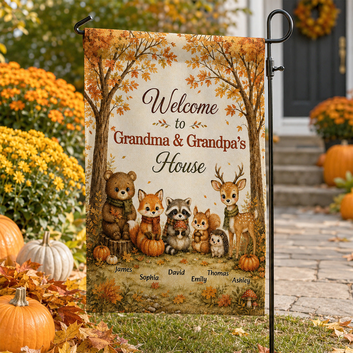 Welcome To Grandparents House Fall Season Cute Woodland Animals - Personalized Garden Flag