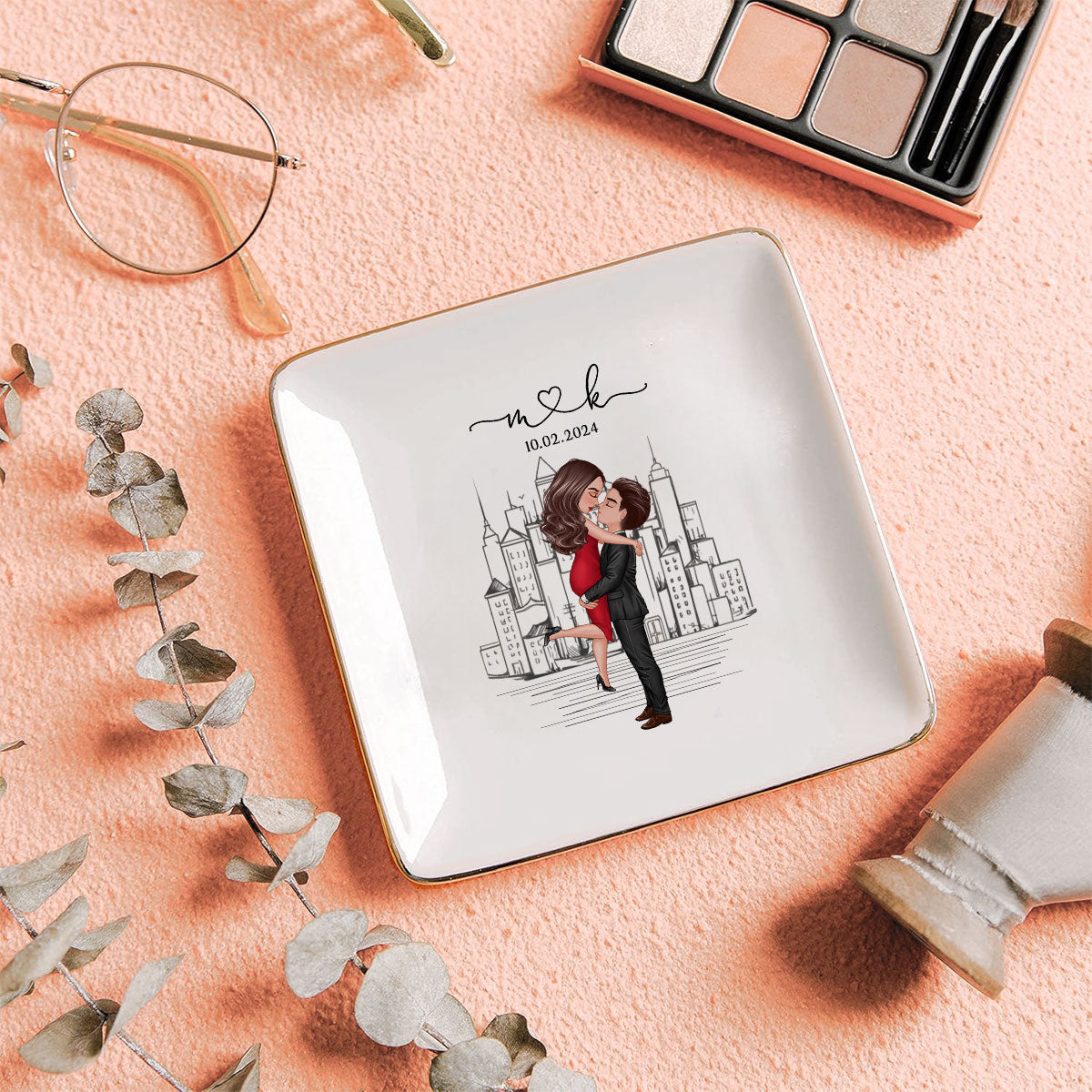 Couple Hugging Kissing Outline Landscape Personalized Jewelry Dish, Gift for Her