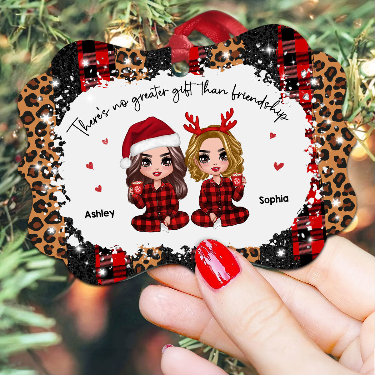 Checkered Leopard Pattern Pajamas Doll Besties Personalized Christmas Ornament